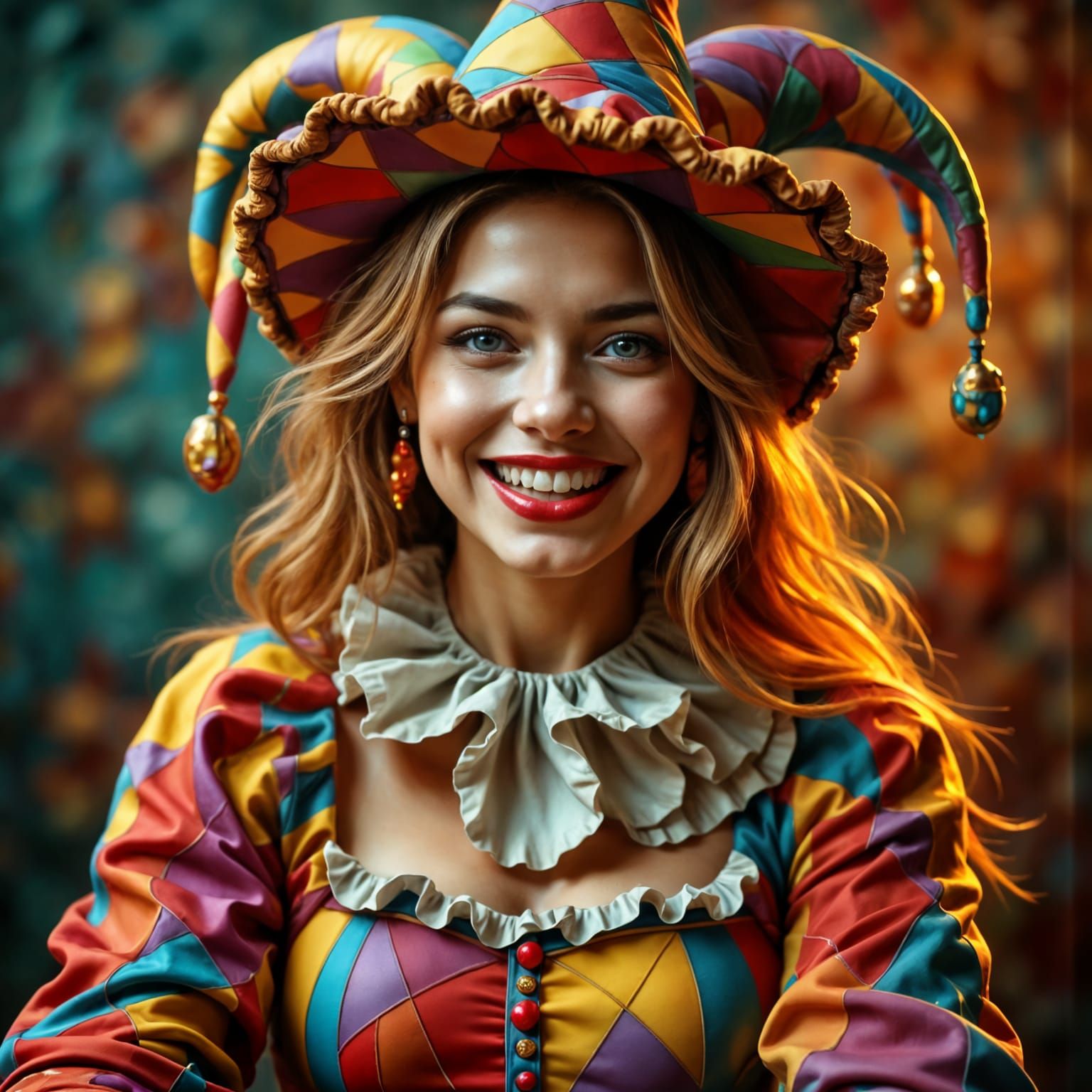 Whimsical Female Jester in Vibrant Medieval Attire