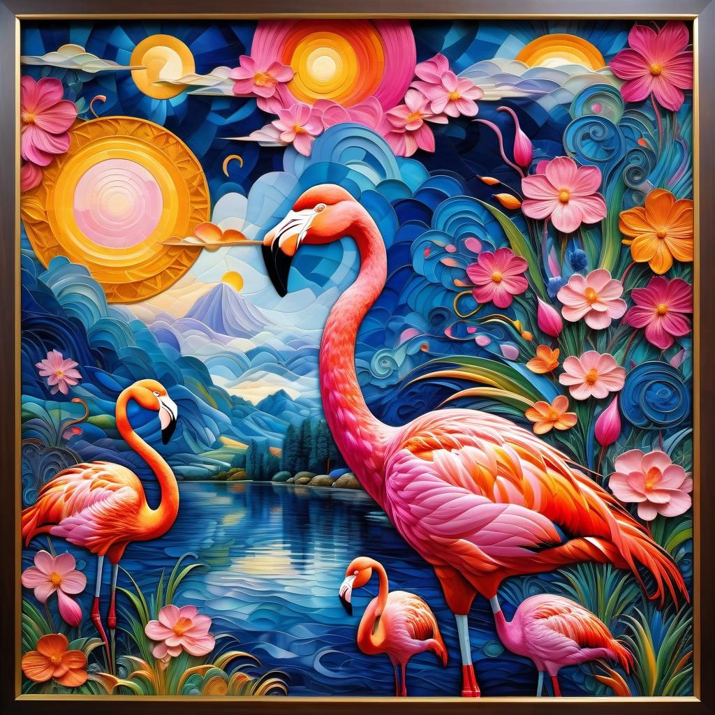 Flamingos in Surreal Cubist Dreamscape, Van Gogh Style