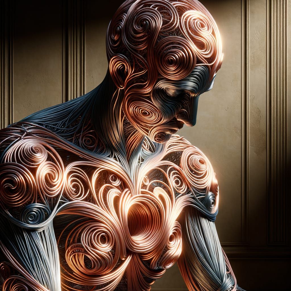 Sorrowful Copper Wire Sculpture in Art Nouveau Style