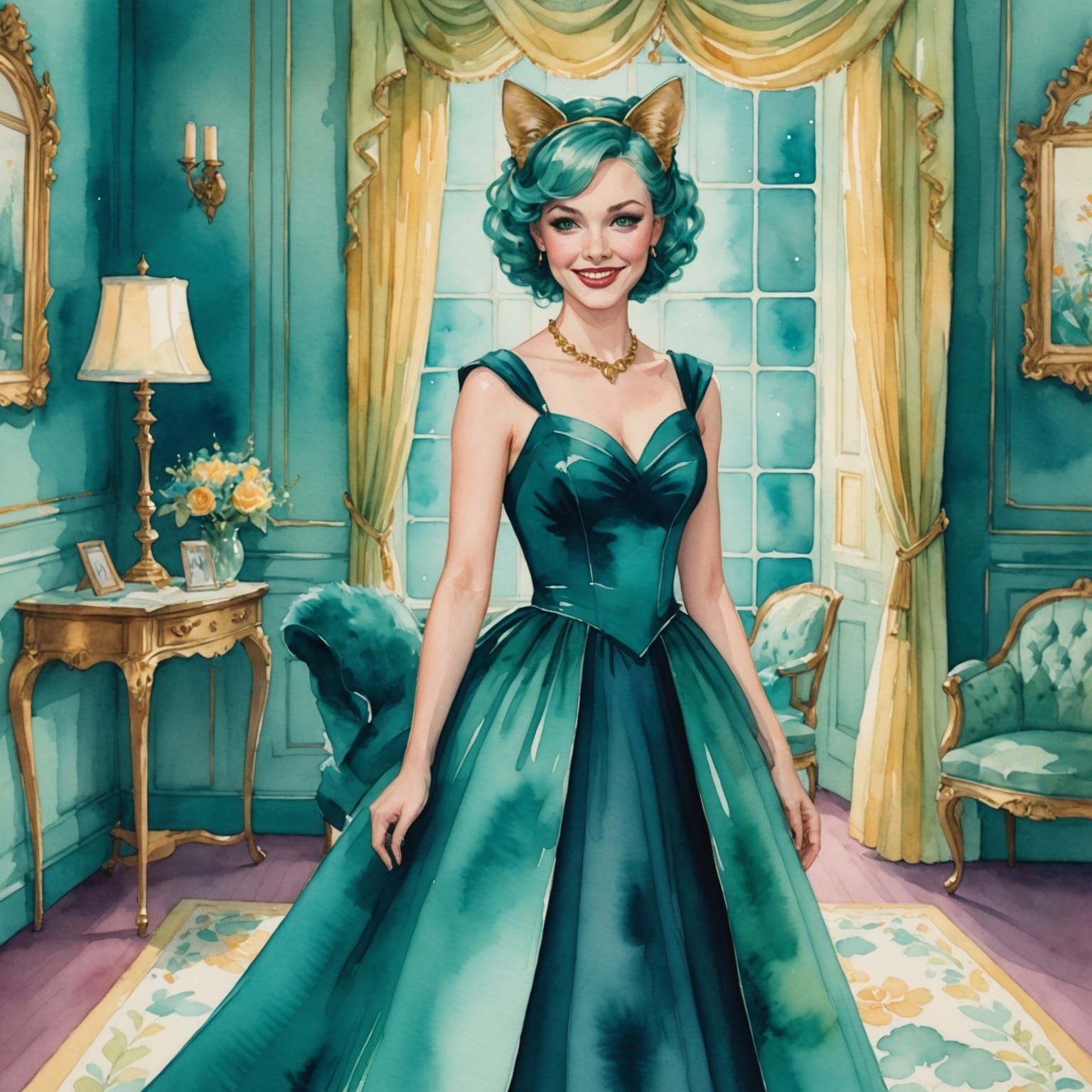 Whimsical Watercolor Woman with Feline Features Smiles in Te...