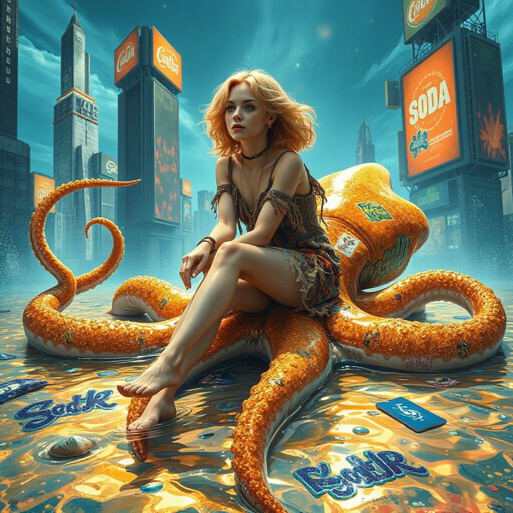 Luminous Woman on Graffiti Squid in Surreal Cyberpunk Sea