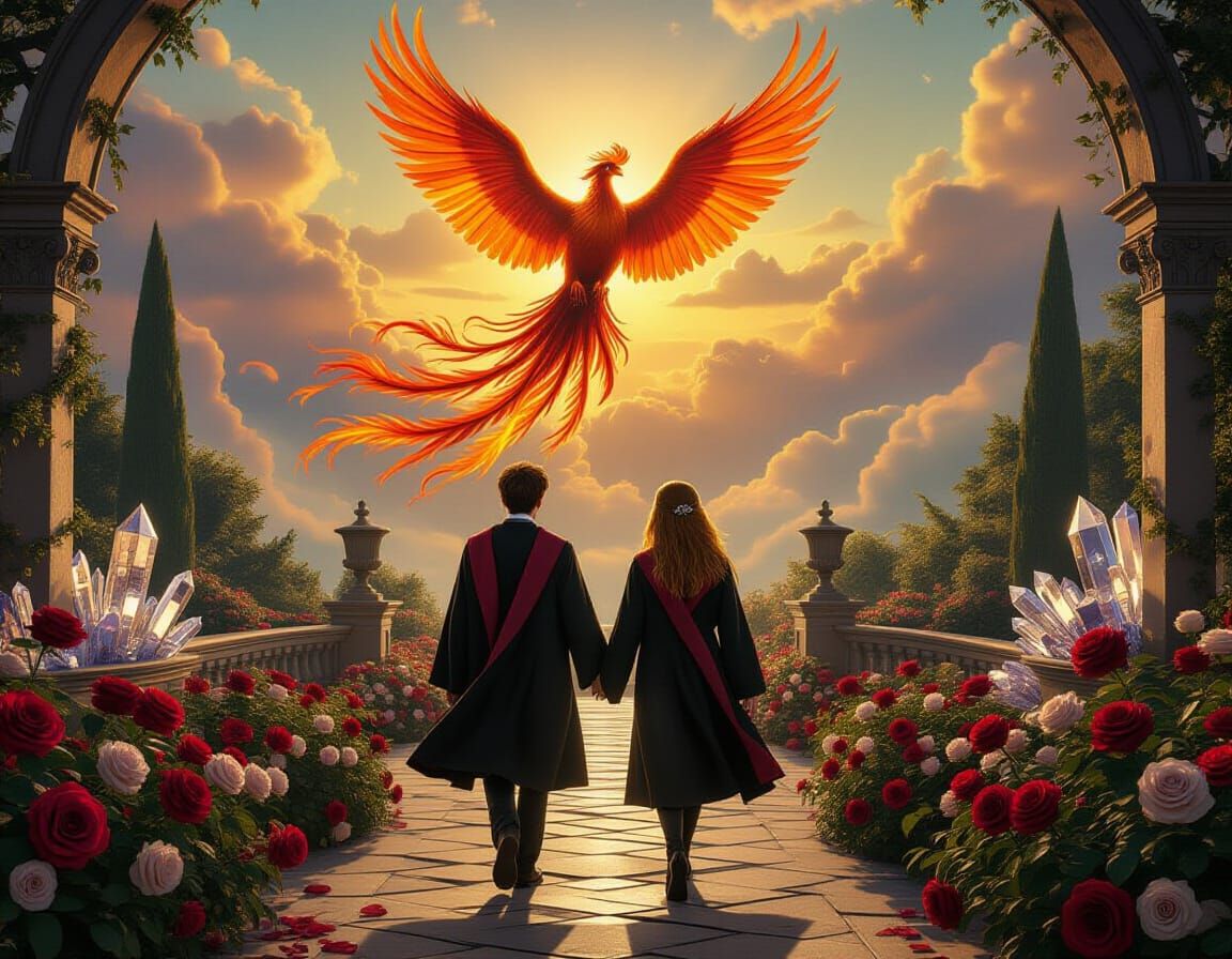 Harry Potter, Ginny, and Phoenix in Surreal Garden
