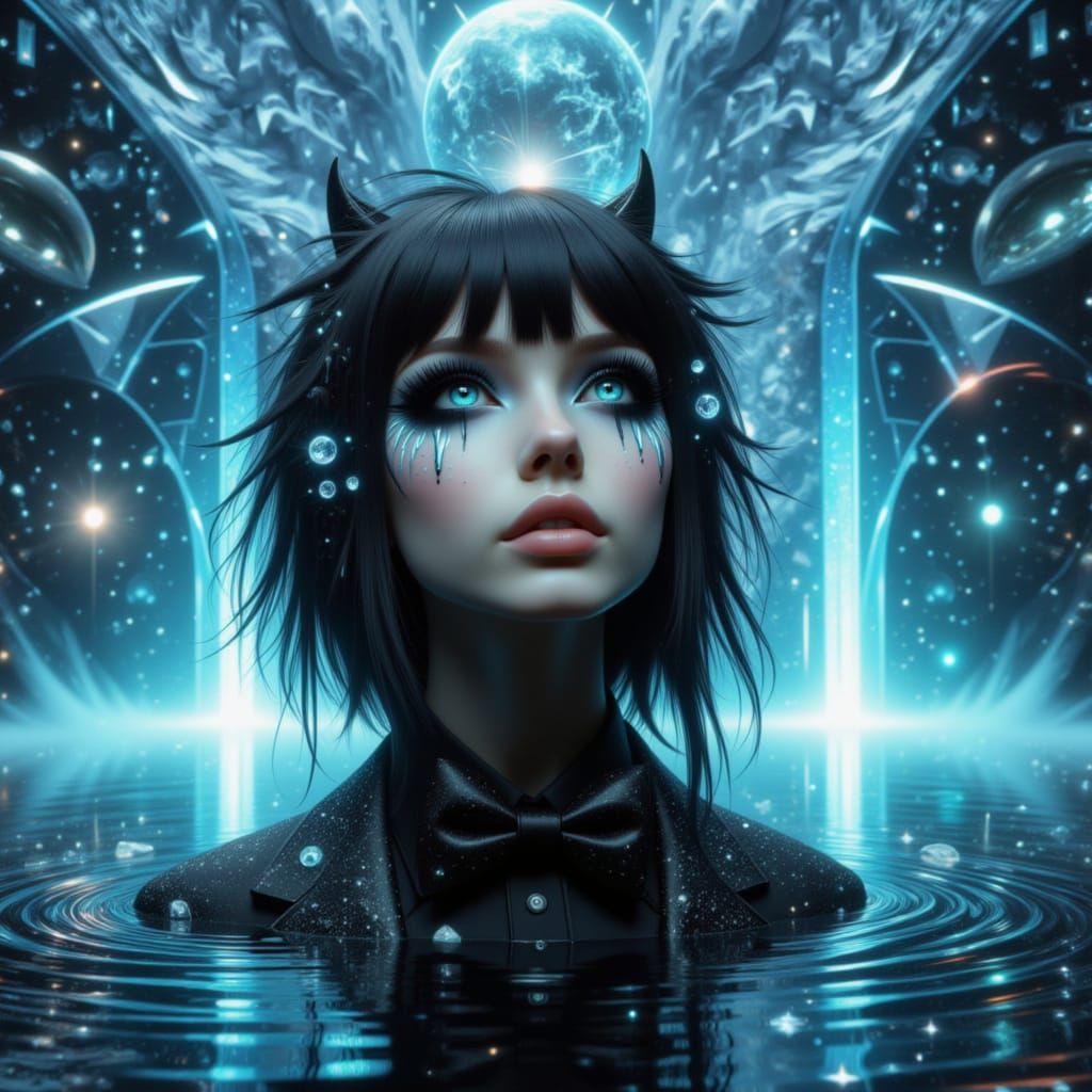 Emo Girl in Crystal Water with Atom Cube Core