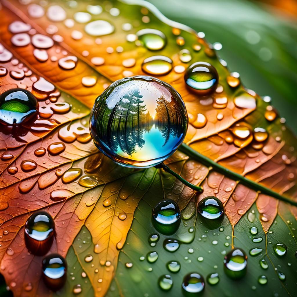 Forest Reflected in Water Droplet: Macro Photography