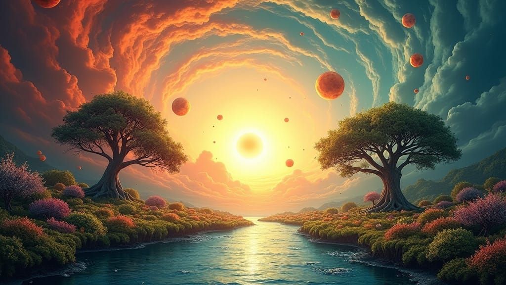 Vibrant Dreamscapes: Symmetrical Composition with Glowing Or...