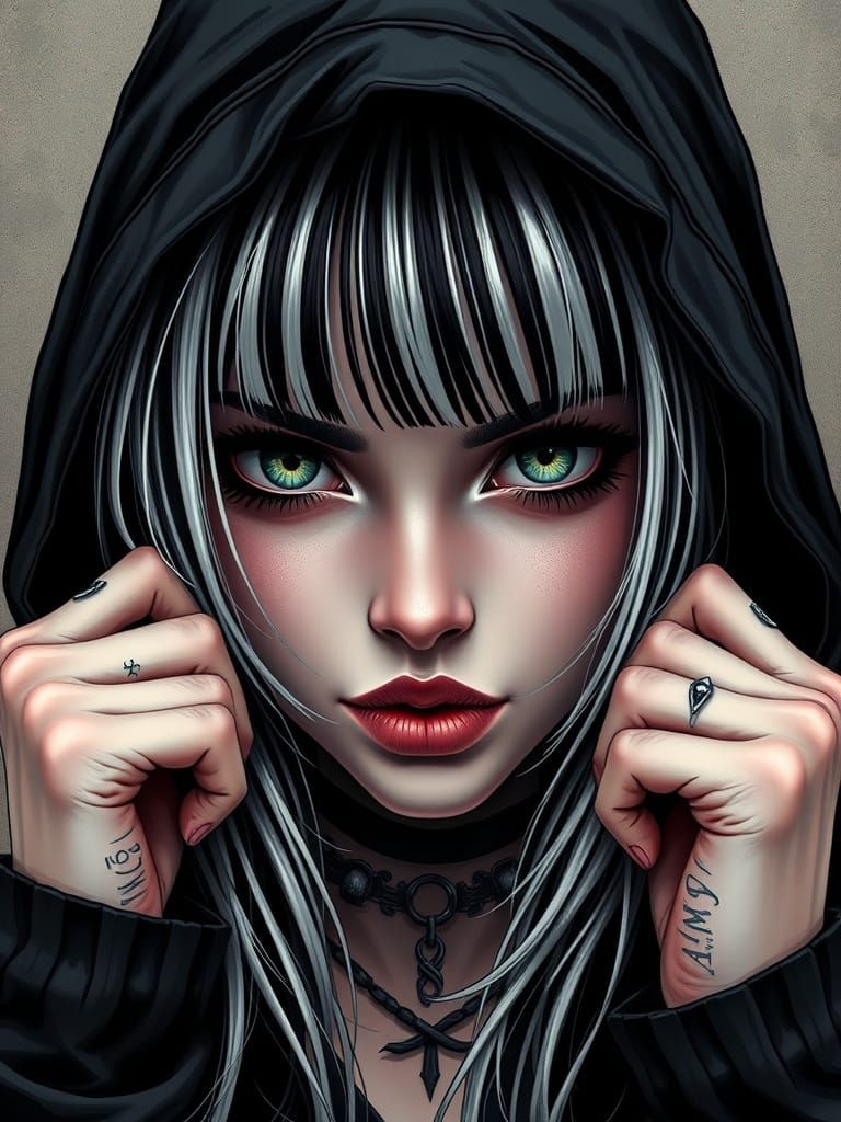 Goth Woman with Striped Hair and Piercings