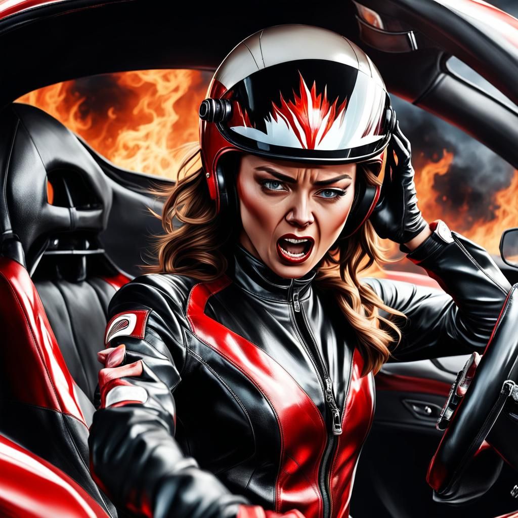 Beautiful Girl in Burning Race Car Hyperrealistic Image