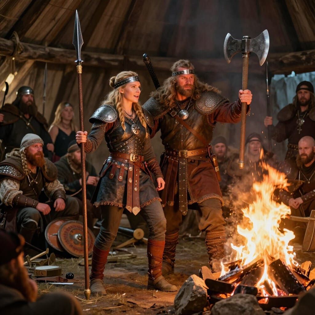 Viking Shield Maiden and Husband Celebrate Victory in Longho...