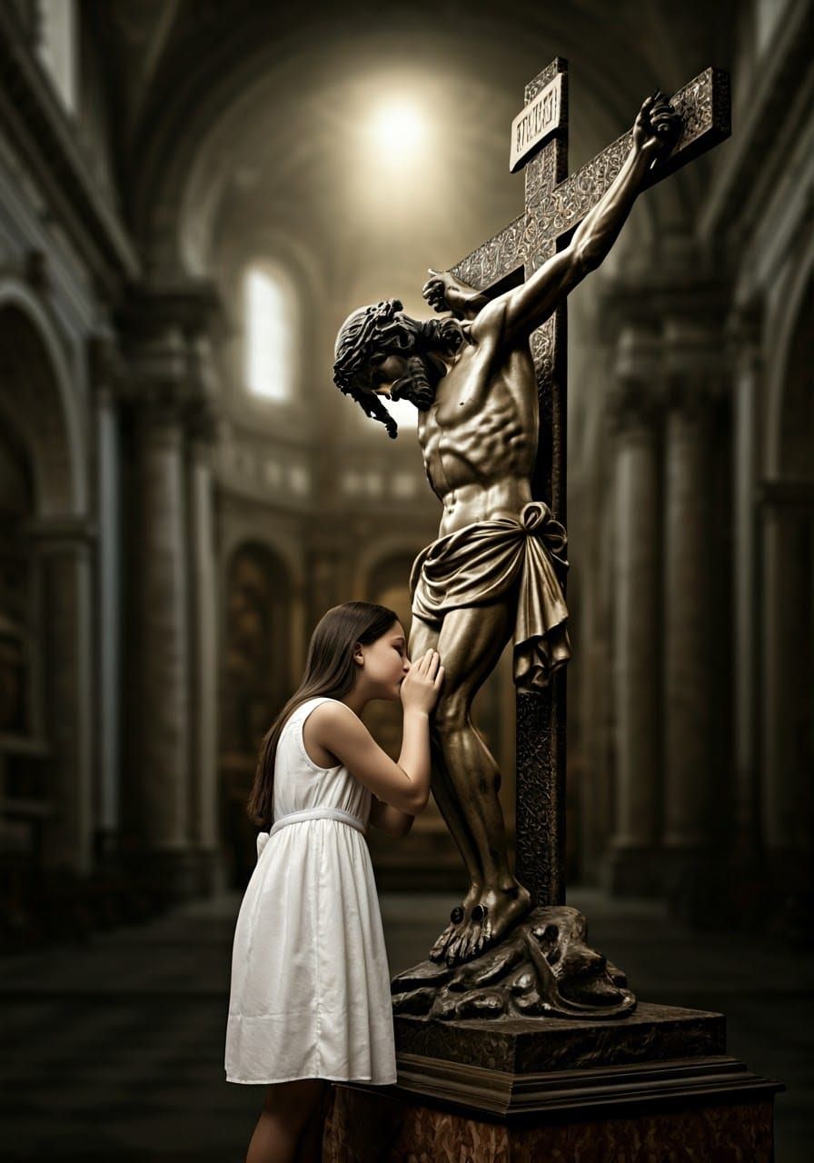 Italian Girl Kisses Crucifix in Baroque-Inspired Scene