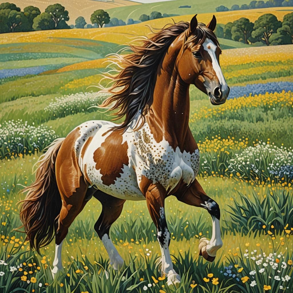 Stallion Rearing in Sunlit Field as Pointillism
