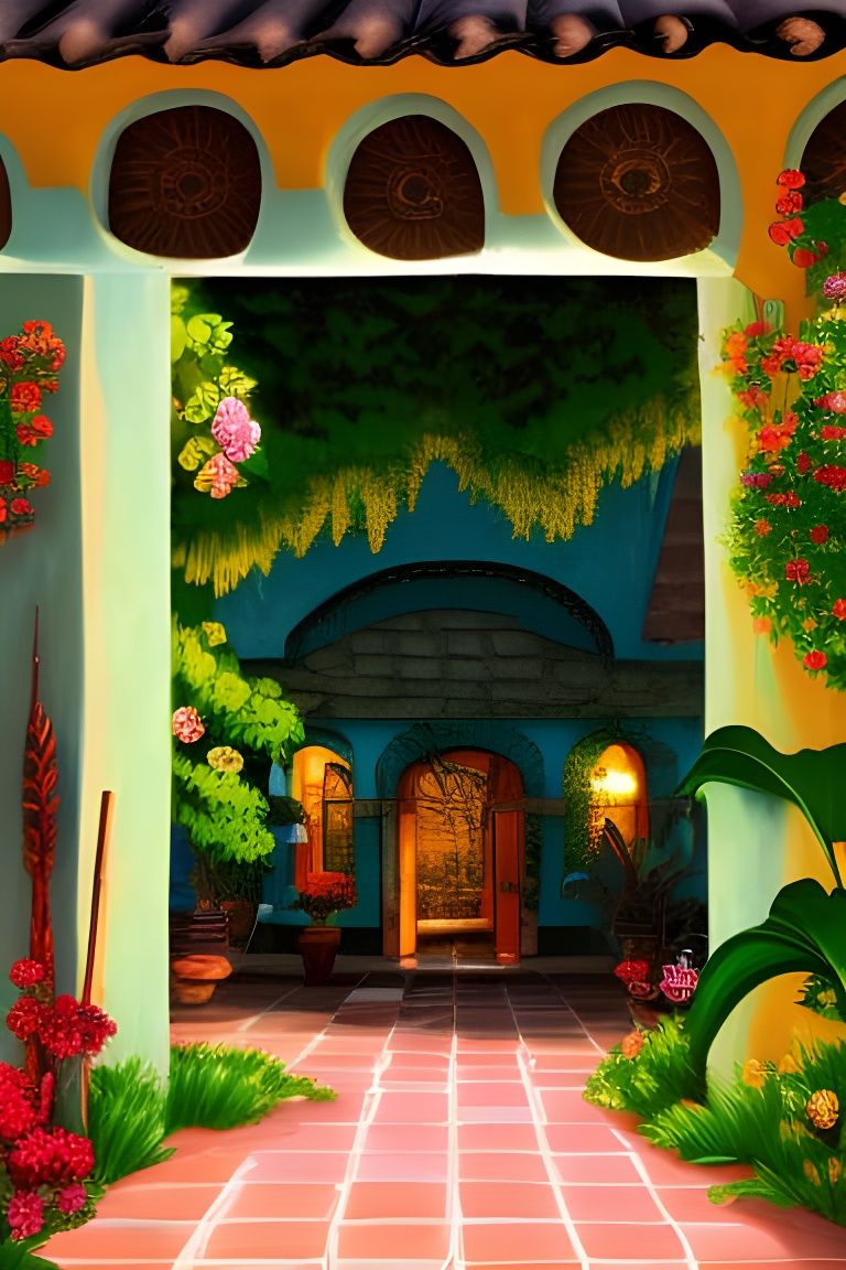 Mexican Style Garden Veranda Digital Illustration