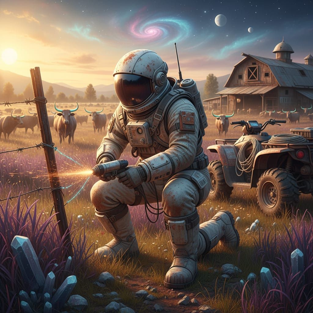 Spaceman on Cattle Ranch in Meadow