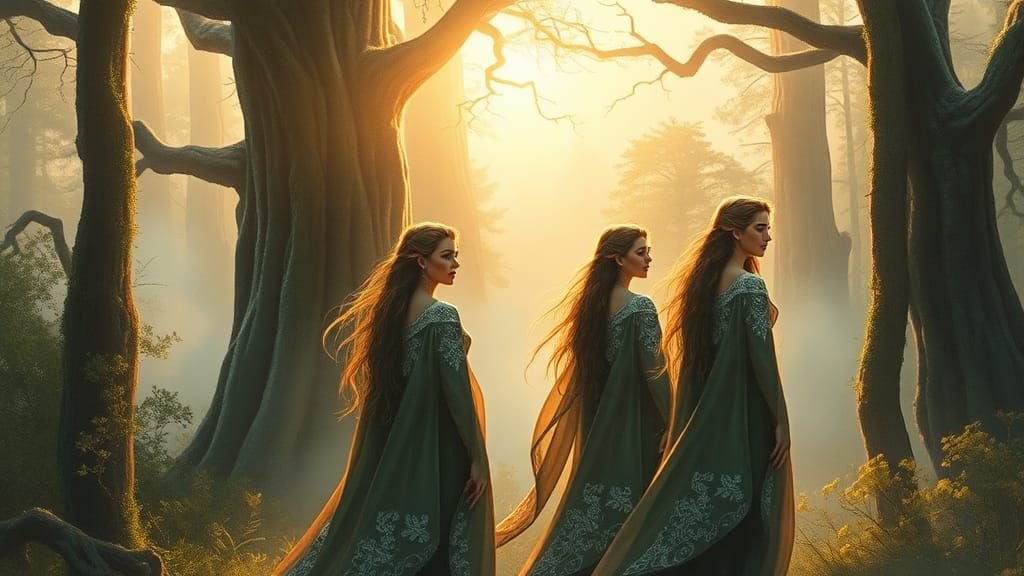 Ethereal Elves in Forest at Misty Dawn