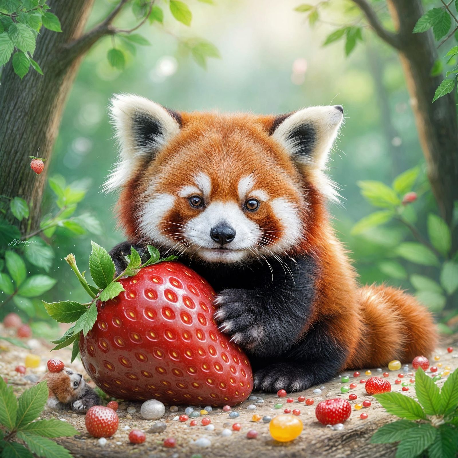 Curious Red Panda Peeking From Giant Strawberry