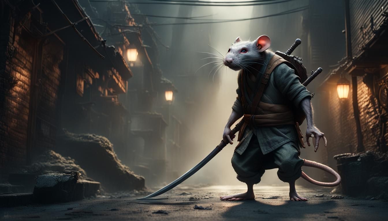 Anthropomorphic Rat Warrior in Alleyway, Fantasy Art