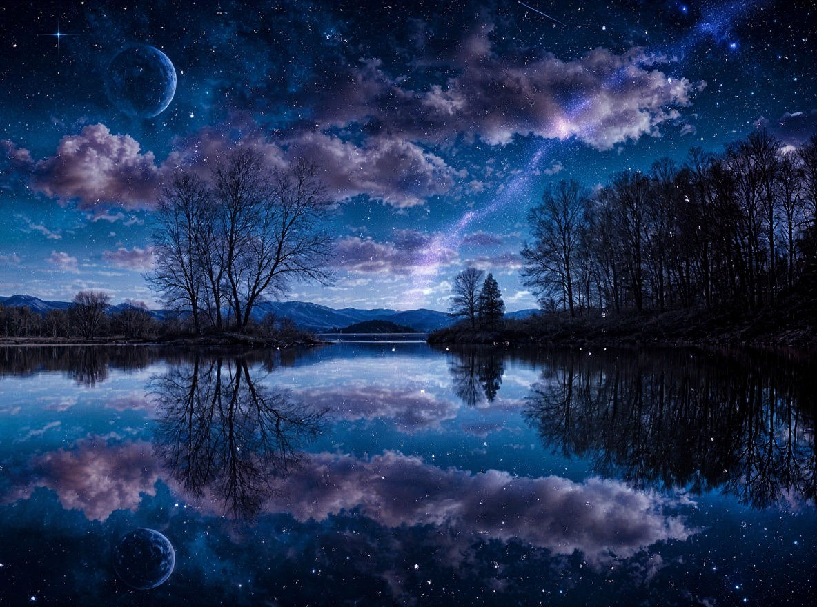 Surreal Lake Reflects Starry Night Under Daylight Sky
