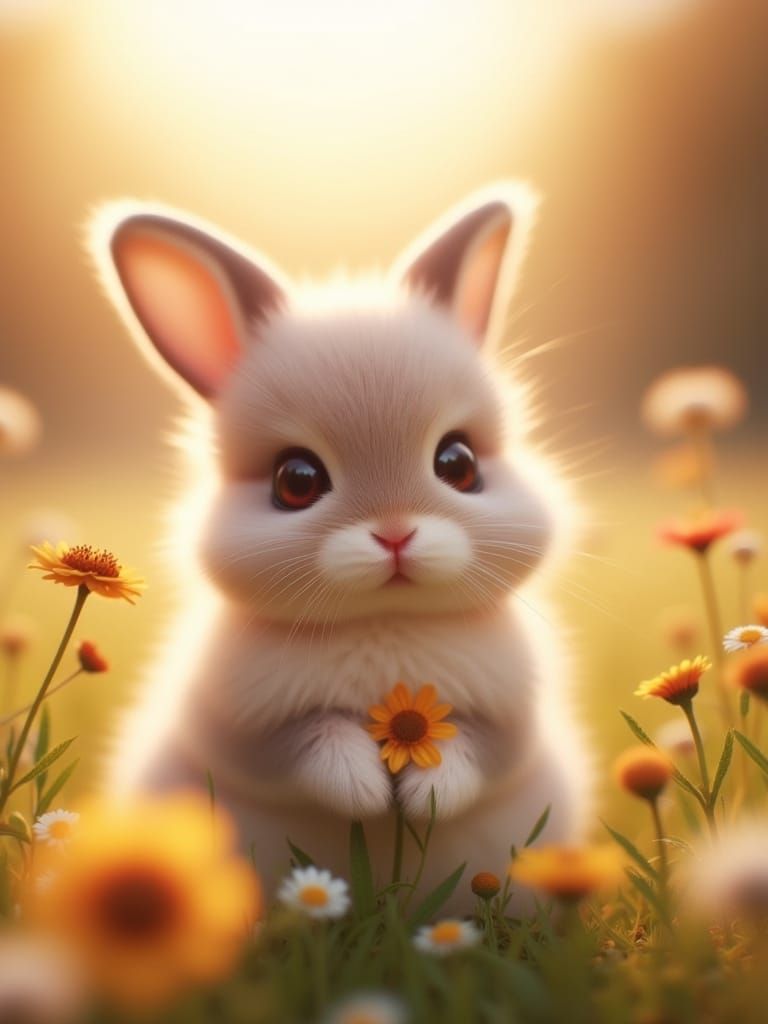 Fluffy Rabbit with Sparkling Eyes in Golden Hour Meadow