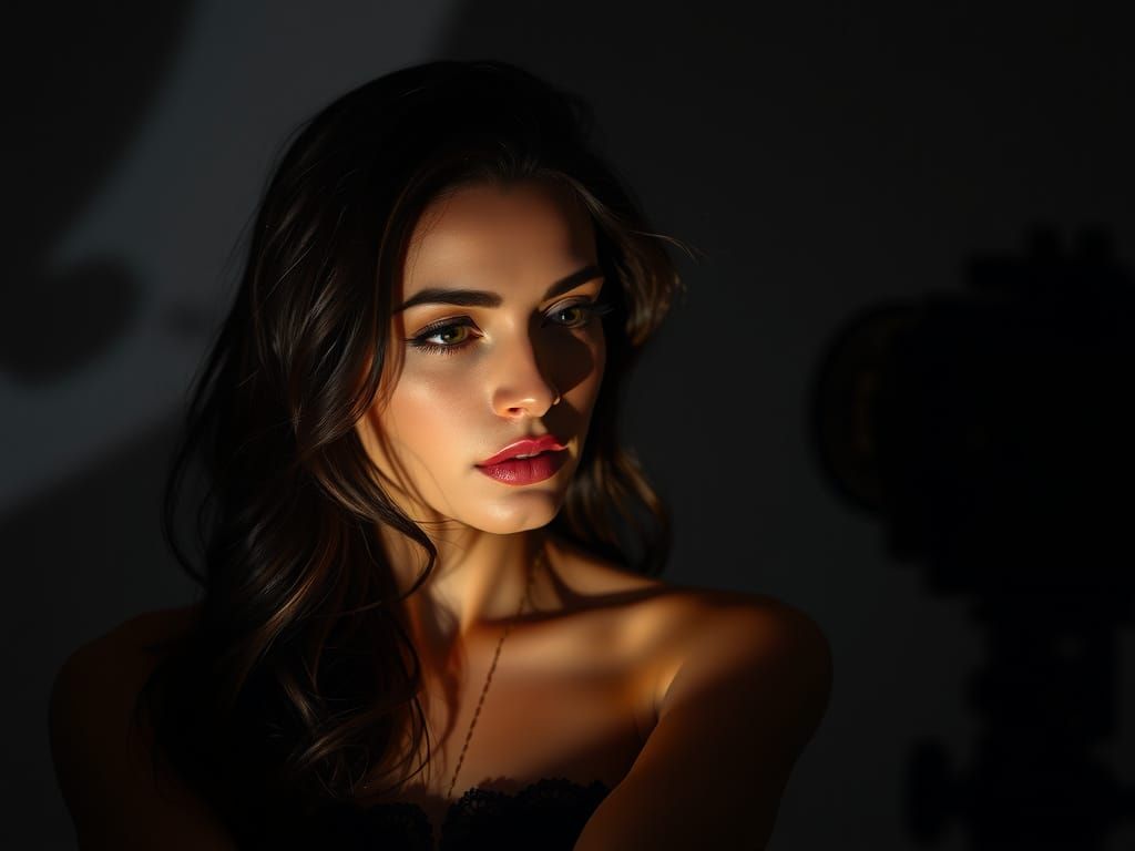 Hyperrealistic Brunette Model in Cinematic Shadows