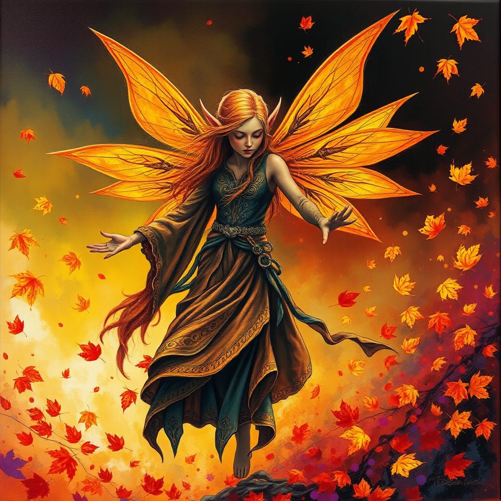 Autumn Fairy Elf in a Surreal Impasto Painting