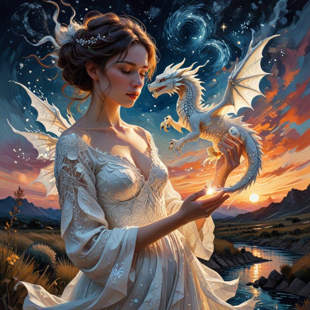 Impasto Fantasy Beauty with Dragon at Sunset