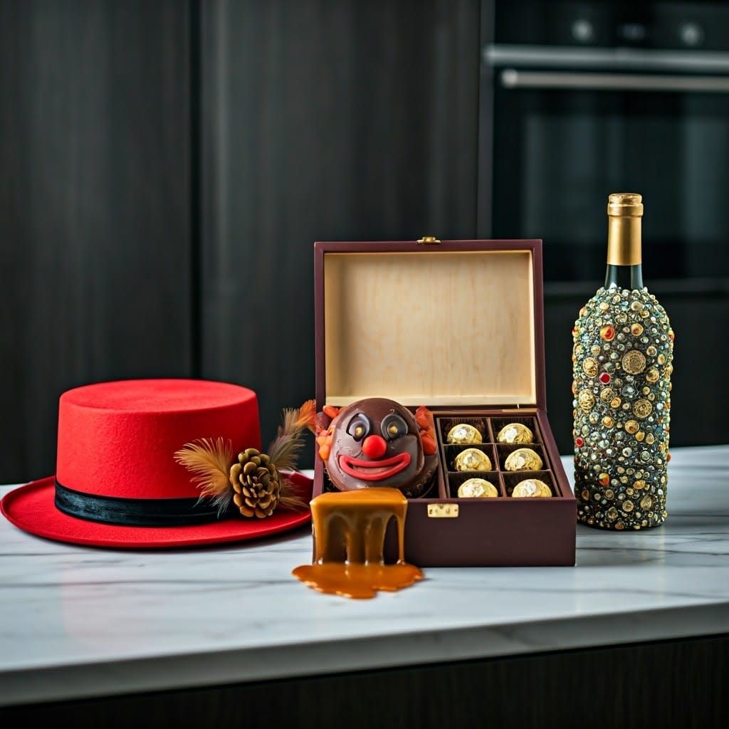 Elegant Modern Kitchen Counter with Red Purim Hat and Chocol...