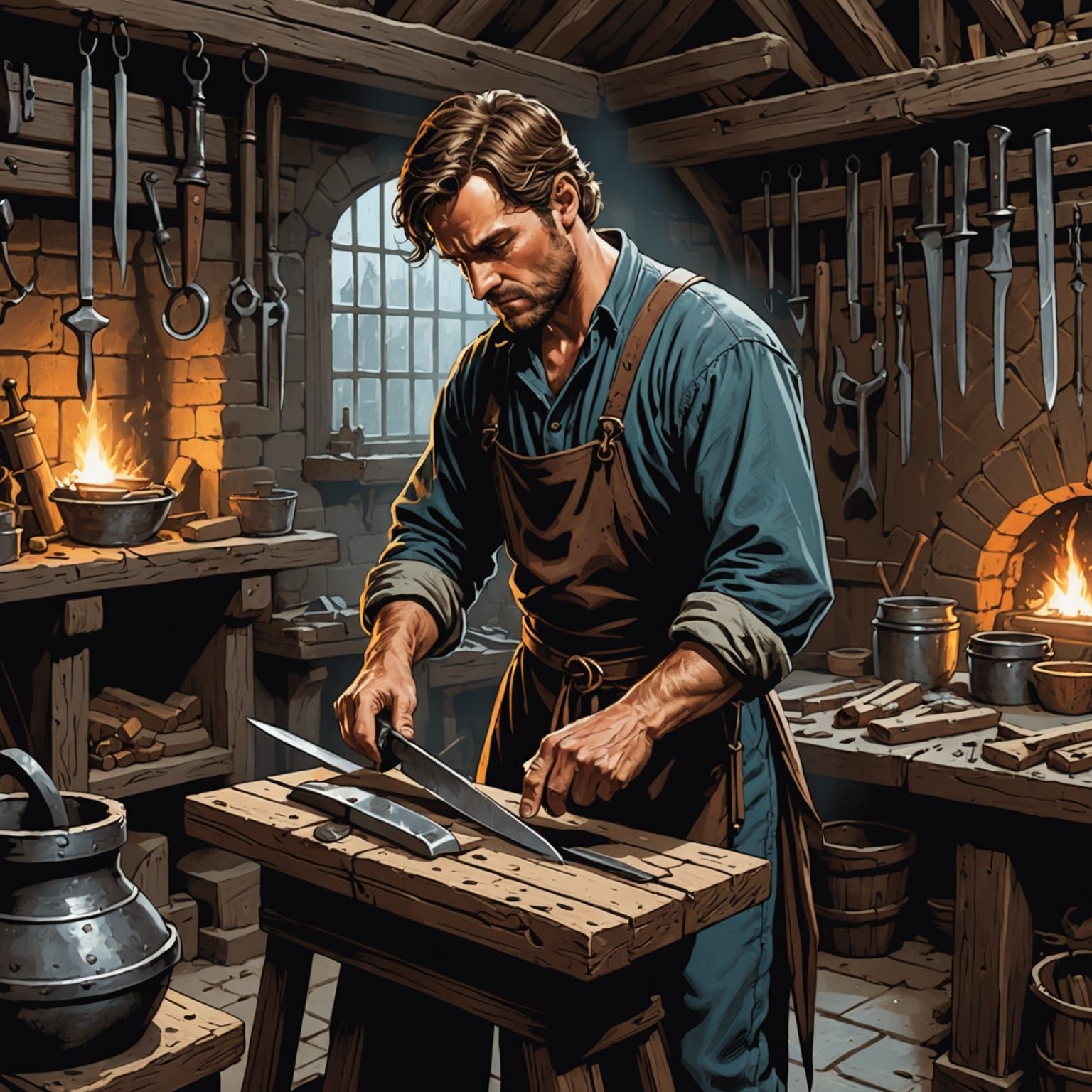 Medieval Blacksmith Sharpening Knife, Comic Book Art