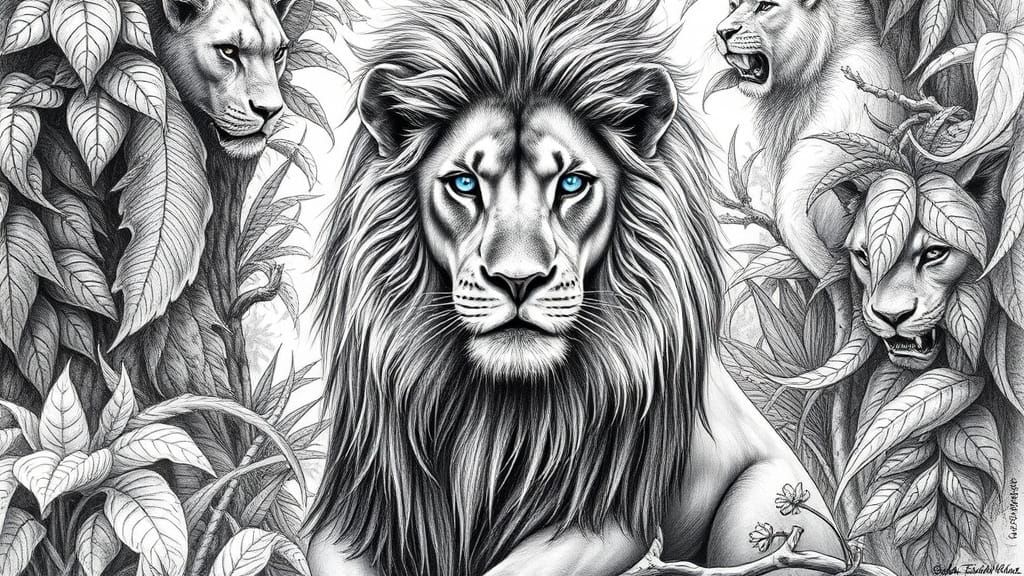 Regal Lion in Jungle, Hyper-Realistic Pencil Art