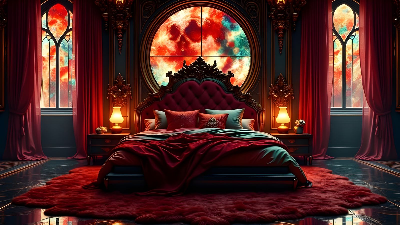 Luxurious Deep Red Bedroom Under Stained Glass Ceiling