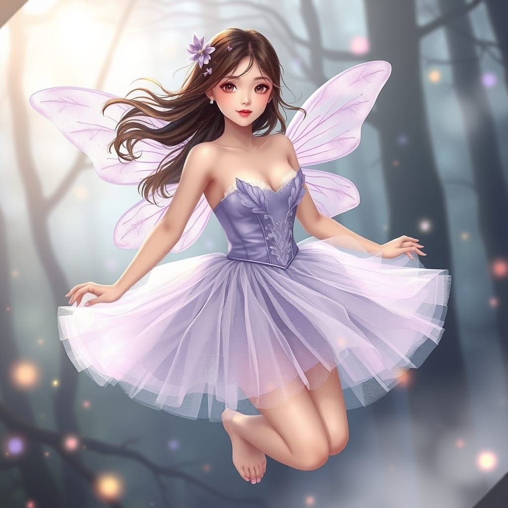 Fantasy Fairy Floats in Enchanted Forest, Digital Art