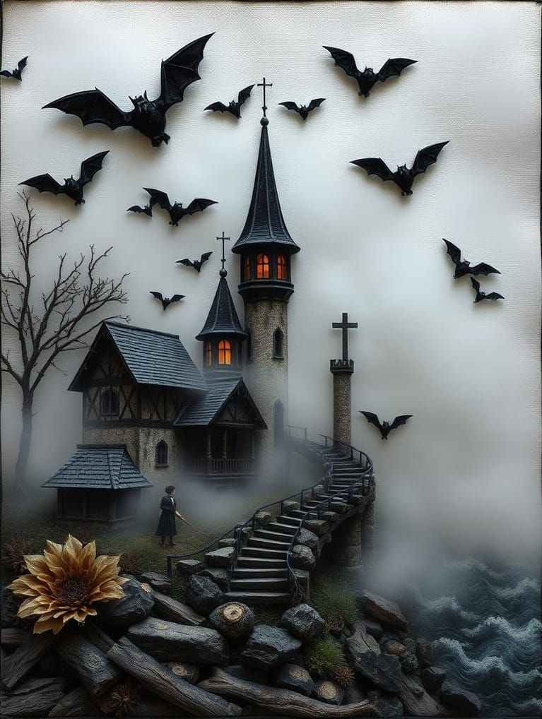 Eerie Haunted Village in Assemblage Art Style