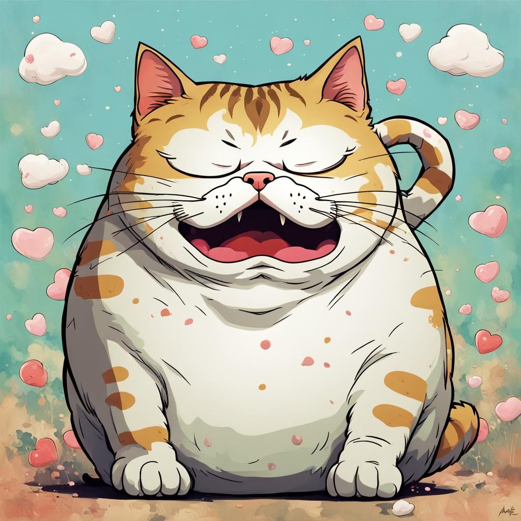 Funny Fat Cat Crying in Anime Renaissance Style