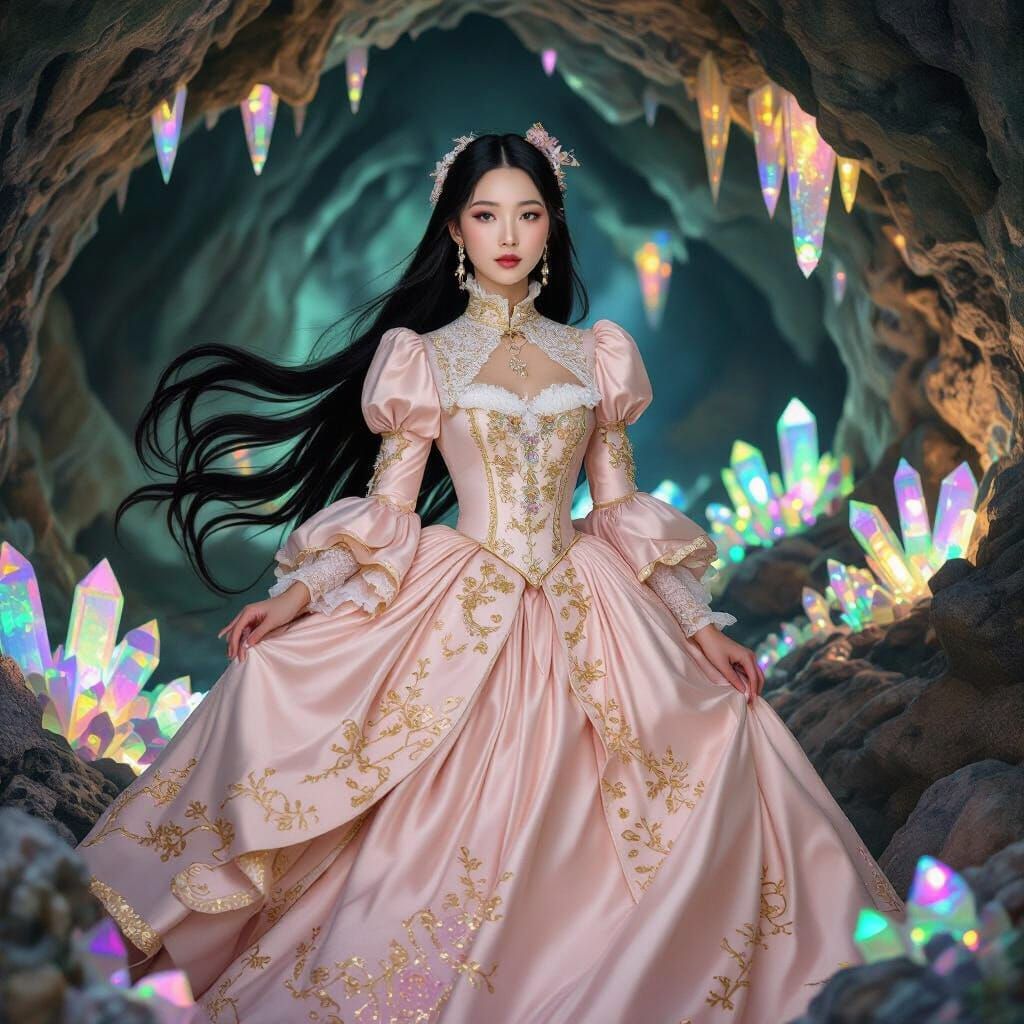 Asian Woman in Rococo Gown with Trolls, Fantasy Art