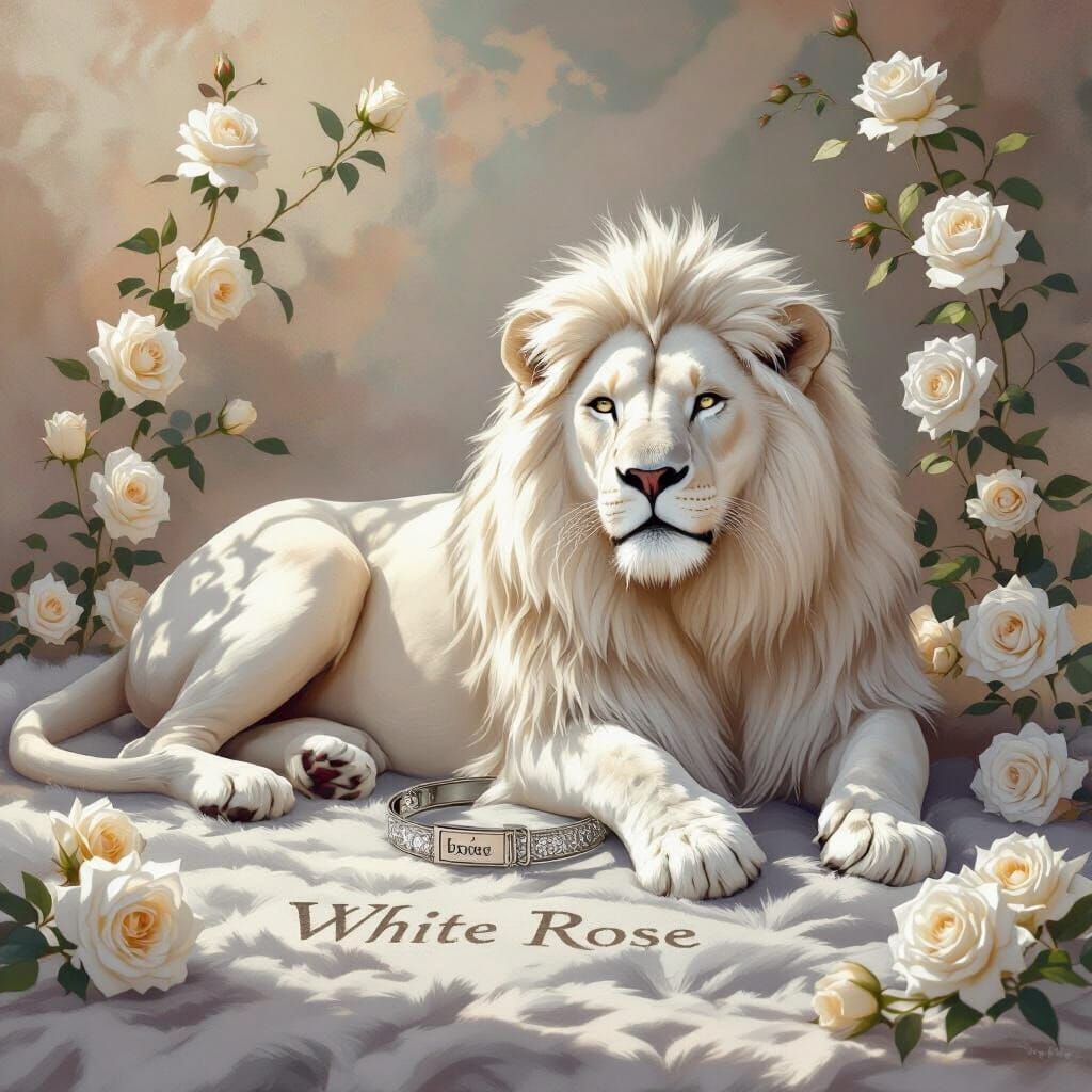 Serene White Lion on Grey Rug with White Roses