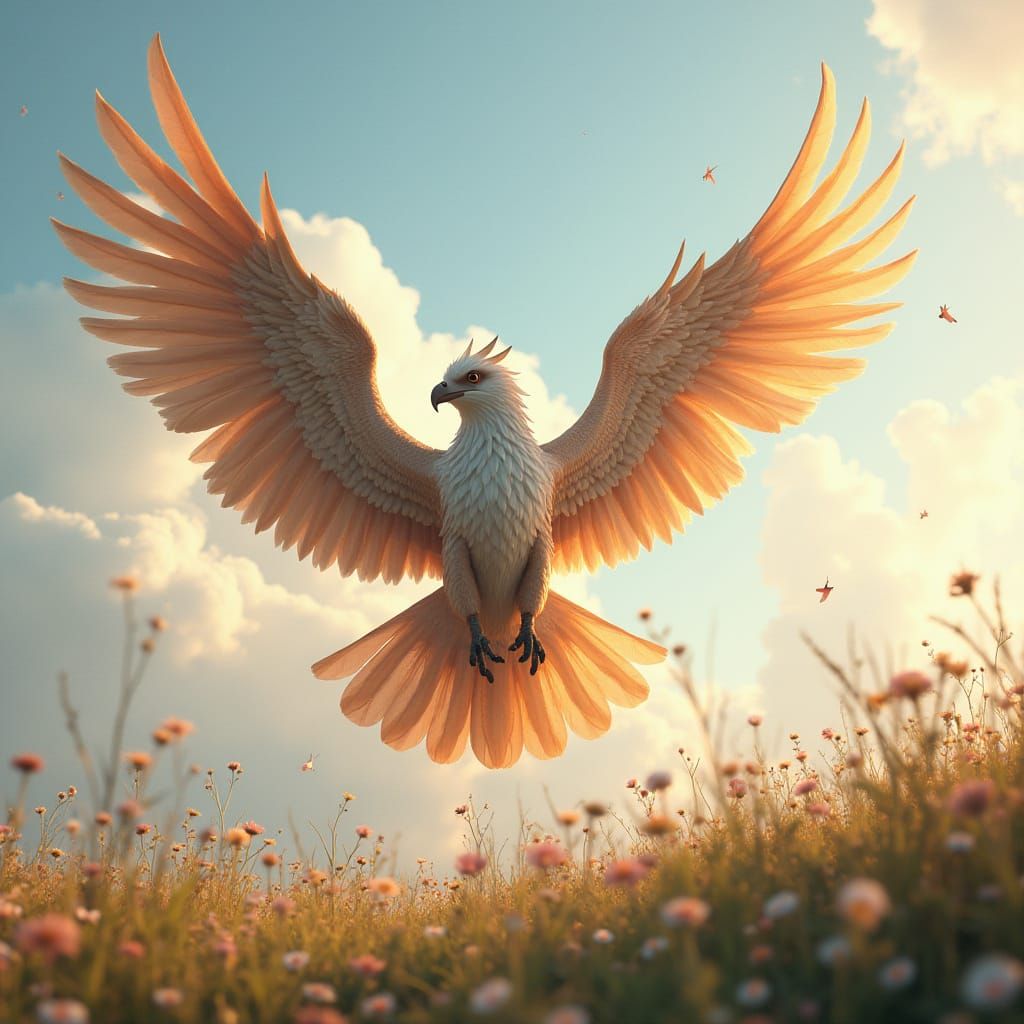 Griffin Soaring Above Pastel Meadow in Digital Matte Paintin...