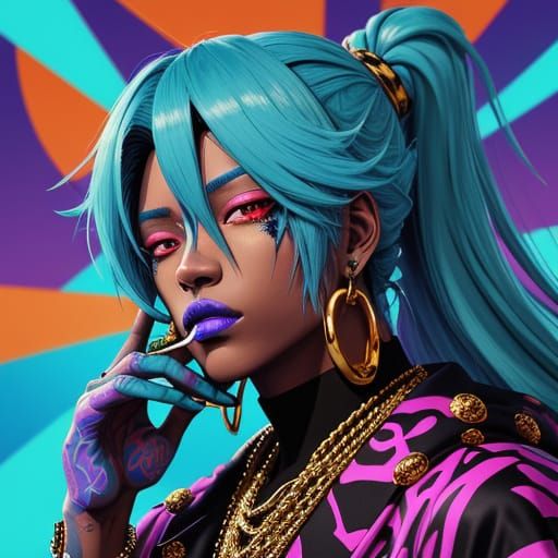 Anime Rapper with Skulls and Cannabis, Vibrant Art