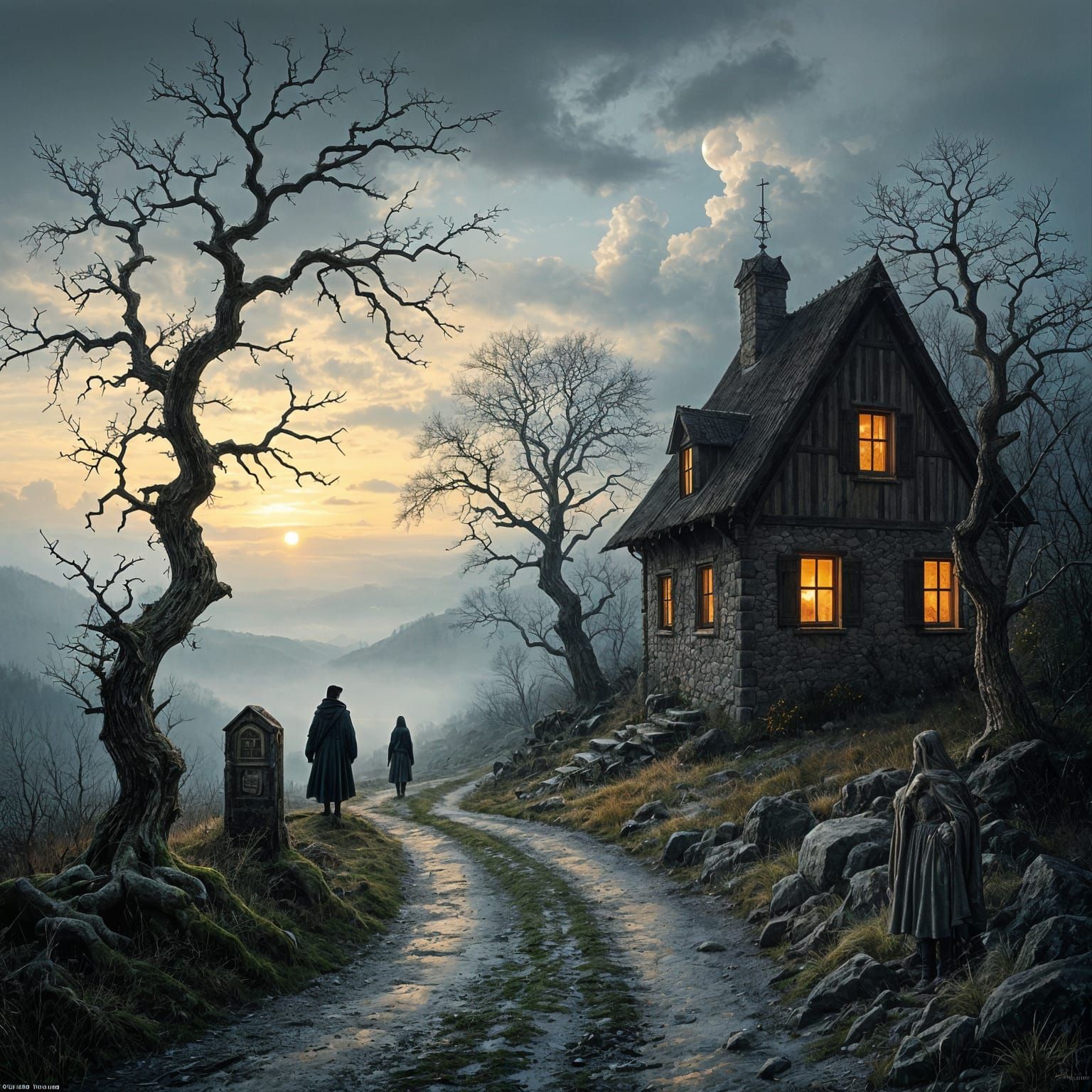 Gothic Inn in Twilight Landscape by Caspar David Friedrich S...