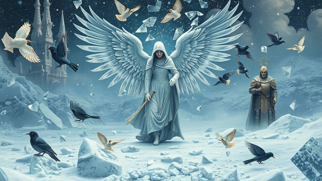 Surreal Winter Angel Amidst Shattered Mirrors in a Kaleidosc...