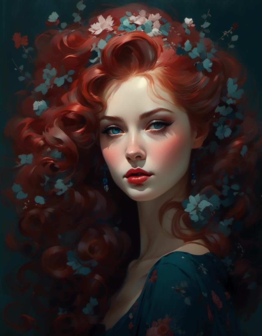 Woman in Floral Dress: Hyperrealistic Pin-Up Illustration