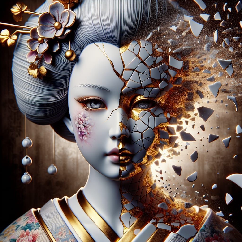 Kintsugi Geisha Doll with Gold Cracks in Mixed Media