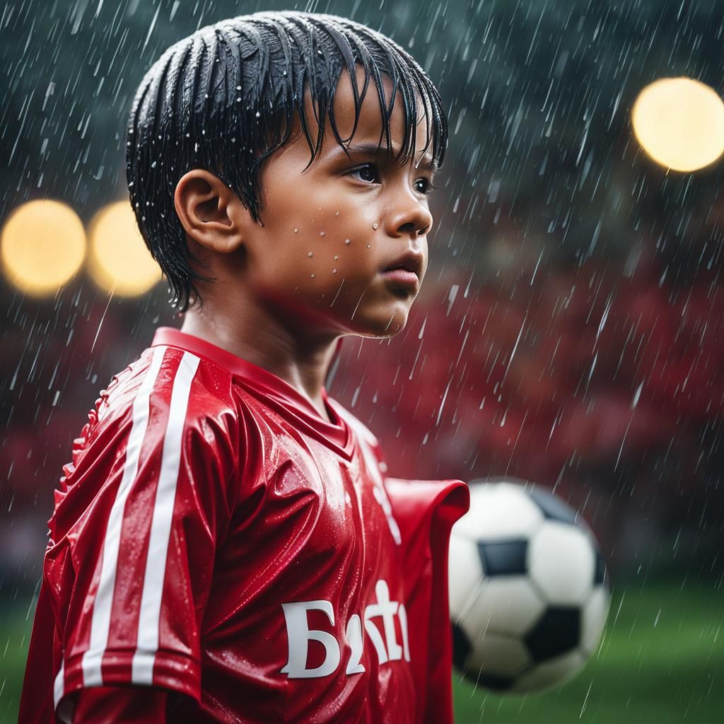 Miserable Boy in Rain: Hyperrealistic Football Photo