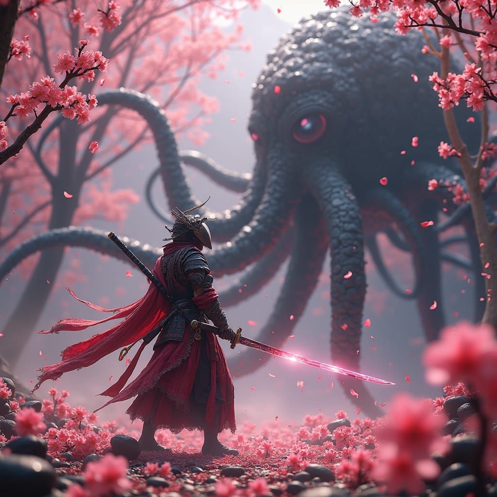 Space Samurai vs Monster Octopus in Cherry Blossoms