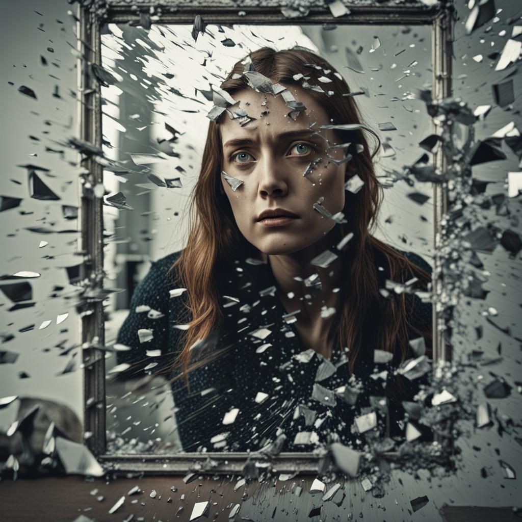 Woman Shattering Mirror: Hyperrealistic Cinematic Portrait