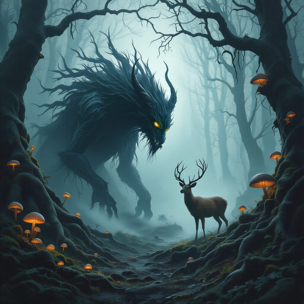 Mystical Creature Stalks Deer in Eerie Forest