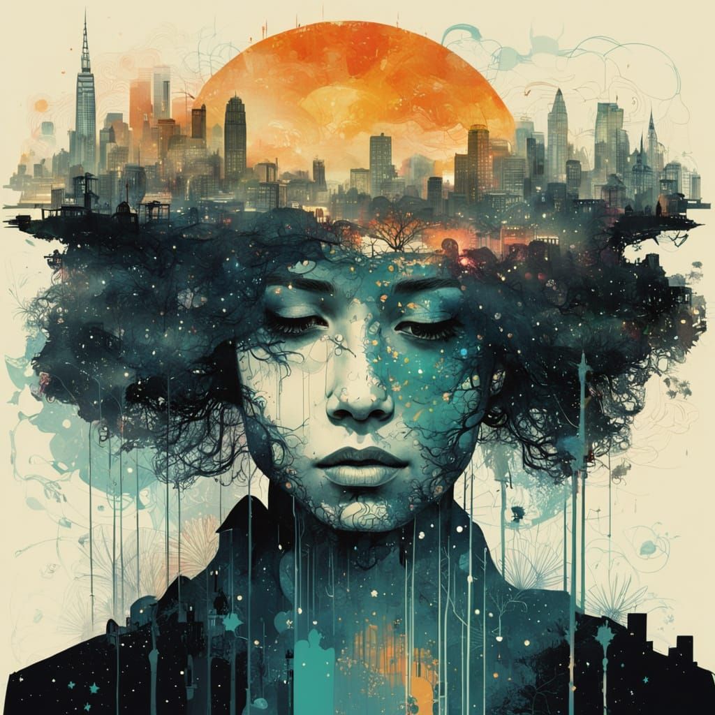 Galaxy Meets Cityscape in Double Exposure Silhouette