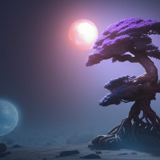 Purple Bonsai Tree on Moon: Dark Fantasy Art