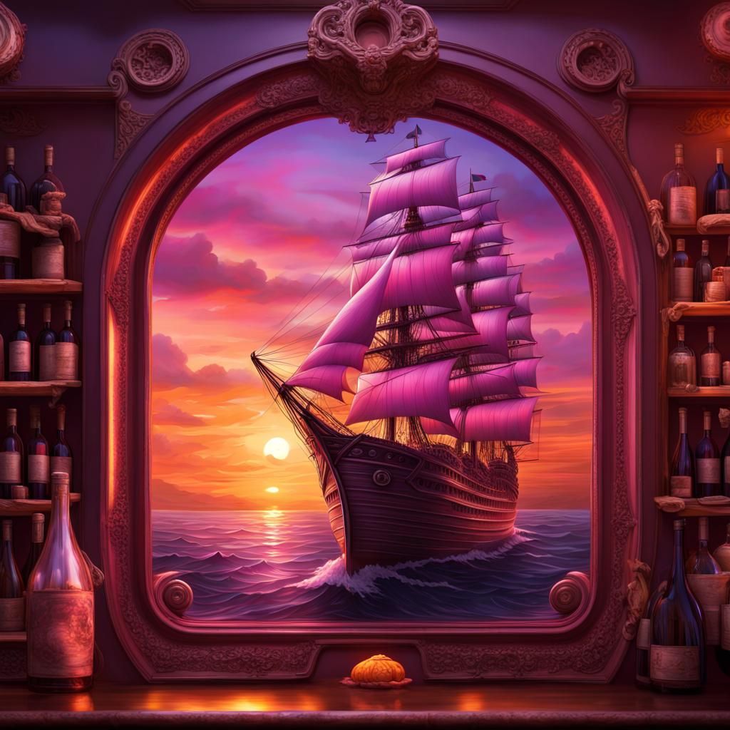 Ship in a Bottle on a Ship at Sunset