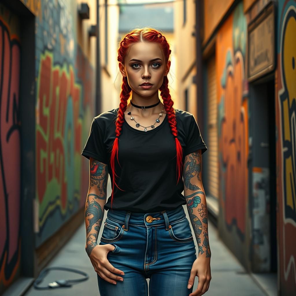 Tattooed Woman with Red Hair in Urban Alleyway