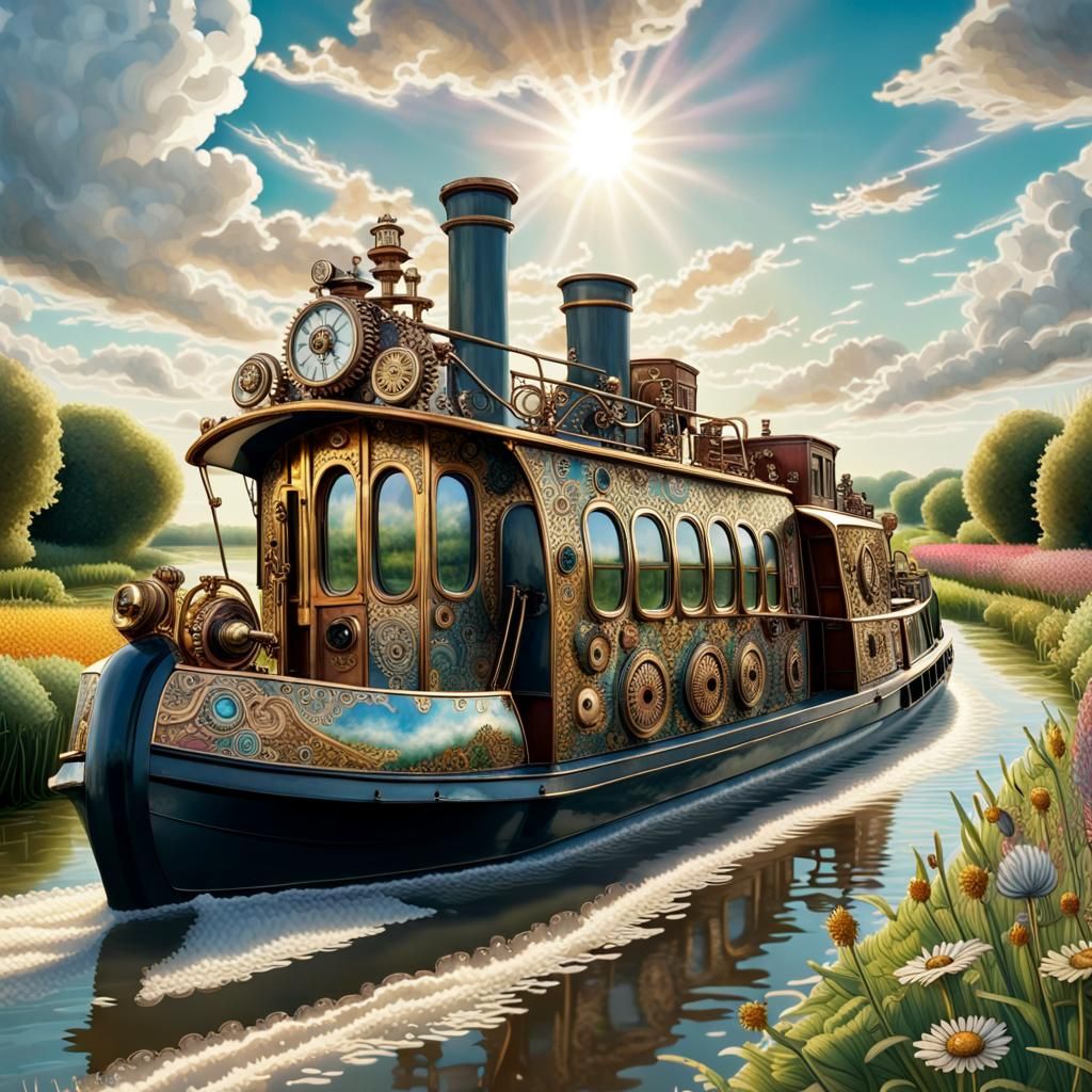 Steampunk Narrowboat on River in Morning Sunlight