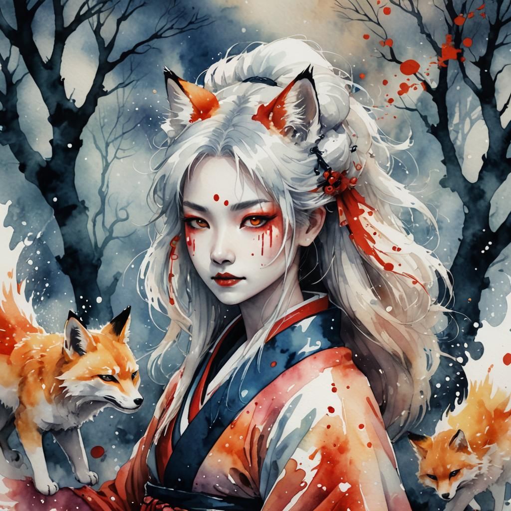 Kitsune Vampire Portrait in Watercolor Ukiyo-e Style
