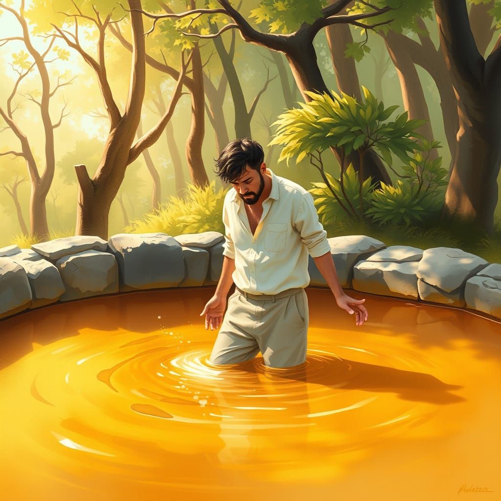 Man Stuck in Golden Honey Pool in Whimsical Forest